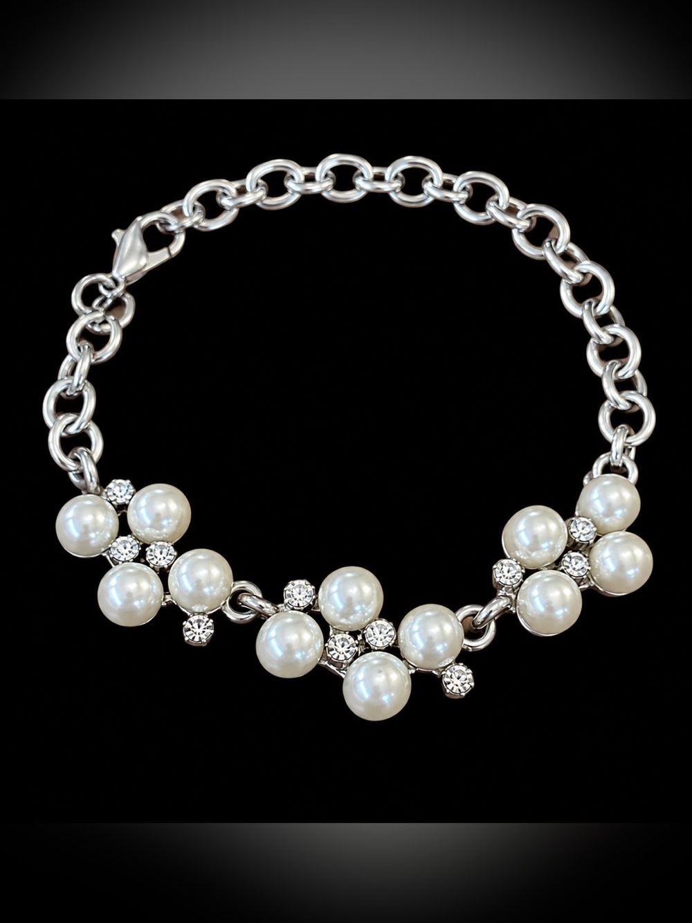 Pearl Rhinestone Floral Statement Bracelet Silver Tone Adjustable Chain